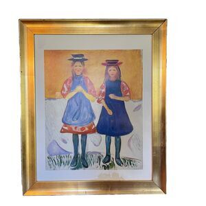 Edvard Munch Print 1863~Two‎ Little Girls with Blue Aprons~RARE~READ DESCRIPTION